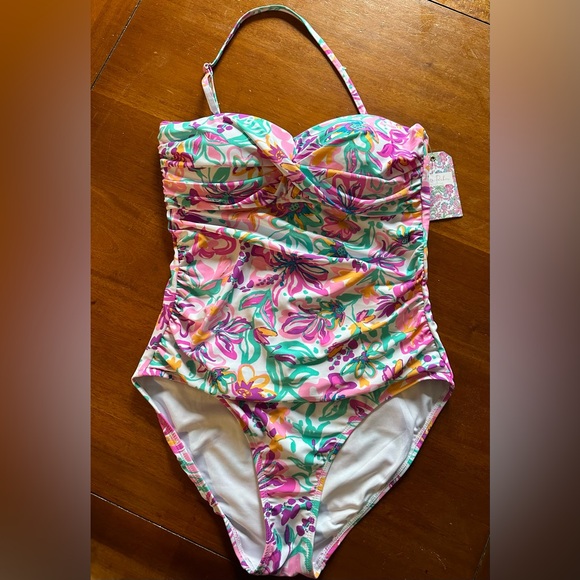 Stella Parker Women's One Piece Halter Swimsuit Abstract Floral Pink White Sz L - Picture 1 of 4